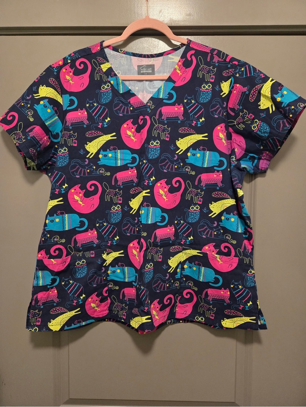 Women’s Navy Short Sleeve Scrub Top with Neon Cat Print